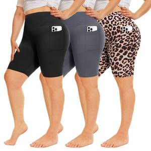lot 20228 image: QGGQDD 3 Pack Plus Size Biker Shorts for Women �� 8 High Waisted Tummy Control Shorts for Yoga Workout Biking BlackDark GreyLeopard XX-Large 2 Pockets