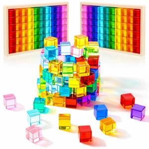 lot 20254 image: Meooeck 120 Pcs Rainbow Acrylic Blocks with Wooden Storage Box for Kids (Open Box,May Be Missing Pieces)