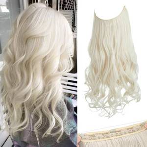 lot 20261 image: SARLA Invisible Wire Hair Extensions with 3 Clips Short Synthetic Wavy Curly Hairpiece Adjustable Transparent Headband for Women 14 Inch Platinum Blonde