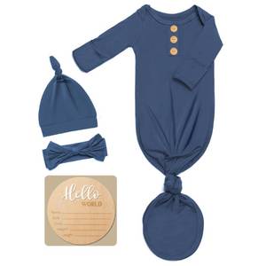 lot 20301 image: Soft Baby Knot Gown 0-3 Months, Newborn Announcement Sleepers With Mitten Cuffs and Personalized Wooden Name Tag (Bluegrey, Newborn)