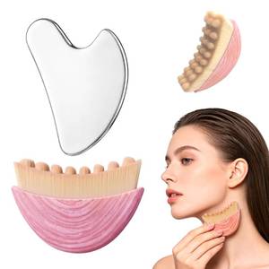 lot 20336 image: Lymphatic Contour Face Brush & Stainless Steel Gua Sha Tool Set �� 2-in-1 Facial Massage Kit for Jawline Sculpting, Puffiness Reduction, Lifting & Relaxation, Lymphatic Drainage Brush with Storage Case
