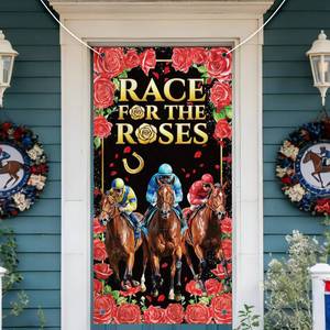 lot 20350 image: Kentucky Door Cover Decorations, Run for Roses Themed Banner Hanging Decorations for Party Supplies, Kentucky Party Photo Props Holiday Decoration for Home Office (Black & Red)