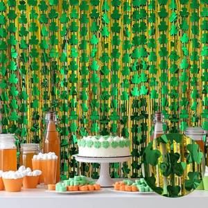 lot 20352 image: OQOQ St. Patricks Day Tinsel Foil Fringe Curtains (4 Pcs) - 3.3x6.6 Ft Glitter Gold and Green Shamrock Tinsel Curtains for St Patricks Day Decorations Irish Party Decor Photo Booth Prop Backdrop