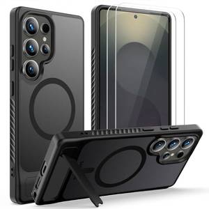 lot 20376 image: Mangix for Samsung Galaxy S25 Ultra 5G Phone Case,Invisible Stand Slim with 2-Pack Glass Screen Protector Translucent Back Diagonal Stripe Shockproof Phone Cover for Samsung Galaxy S25 Ultra (Black)