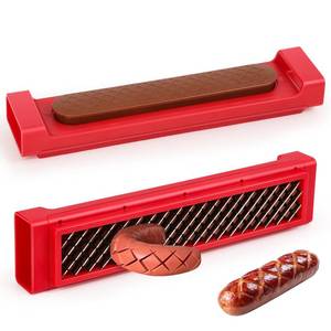 lot 20441 image: Hot Dog Cutter Tool - Pop-Out Hot Dog Slicer Criss Cross, Stainless Steel Blades, Suitable for Kitchen, Grilling, Tailgating, Camping and Backyard Outdoor BBQ - 11 Inch - Red (Yellow)