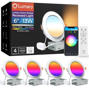 lot 1488 image: Lumary Smart Gimbal Recessed Lighting 6 Inch with Remote, RGBWW WiFi Ceiling Light Swivel 355° & Tilt 20°, Work with Alexa Google, Adjustable LED Can Lights Canless with J-Box, 1000lm CRI90, 4Pack
