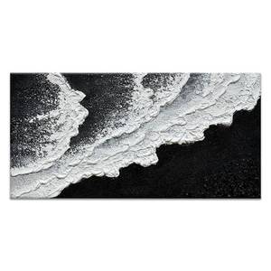 lot 1512 image: Black and White Beach Wave Textured Wall Art 3D Oil Painting Hand Painted Abstract Canvas Framed 48x24 Inch Acrylic Painting