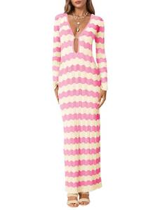 lot 2211 image: Saodimallsu Womens Crochet Summer Maxi Dress Striped Sexy Cut Out V Neck Long Sleeve Knit Cover Up Beach Dresses Pink M
