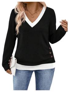 lot 2239 image: WDIRARA Womens Plus Size Contrast Trim V Neck T Shirts Long Sleeve Tee Tops Black and White X-Large Plus