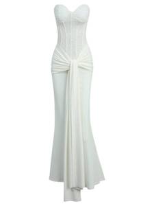 lot 9756 image: Rosegalette Womens Sexy Strapless Bodycon Corset Maxi Dress Sparkly Sequin Tie Waist Elegant Long Wedding Guest Dresses White