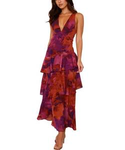 lot 10024 image: Womens Floral Maxi Dress Sexy Deep V Neck Backless Ruffles Dresses Beach Party Wedding Guest Dress,Floral Purple,M