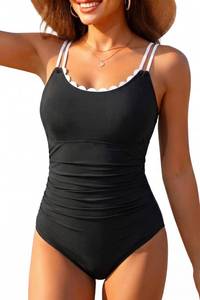 lot 10030 image: Black and White Womens Tummy Control One Piece Scalloped Bathing Suit M
