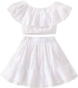 lot 10094 image: Toddler Little Girls Lace Ruffled Off Shoulder Crop Tops  Tulle Layered Skirts Summer Pricess Dress Clothes Set (Hollow Out White,4-5T)