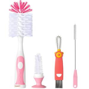 lot 10121 image: Baby Bottle Brush Set, Suction Base, Hidden Cleaner & Straw Brush, Pink
