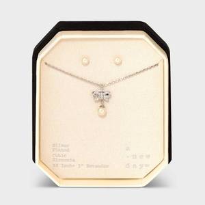 lot 12340 image: A New Day Silver-Plated Pearl Stud Earring and Bow Pendant Necklace Set