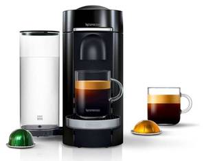 lot 13578 image: Nespresso Vertuo Plus Deluxe Coffee & Espresso Maker by DeLonghi, Black Piano black coffee machine. Brews 4 cup sizes 5 and 8 oz. coffee, plus single and double espresso, at the touch of a button. BOX DAMAGED