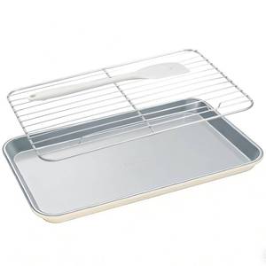 lot 19631 image: Ymiton 7PCS Ceramic-Coated Baking Sheet Set - 10x15in Jelly Roll Pan Non-Stick Cookie Sheet with Wire Rack, Silicone Spatula & 4 Cookie Cutters, PFAS Free, Oven Safe (550°F), Pistachio Green
