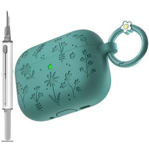 lot 20032 image: for AirPods Pro 3 Case (2025) DamonLight Floral Engraved Shockproof Protective Soft Silicone Case Cover with Cleaning Pen and Floral Keychain for Apple Airpods Pro 3rd Generation (Forest Green)