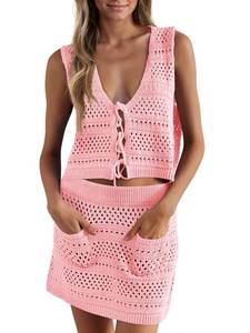 lot 20050 image: Saodimallsu Womens Crochet Swim Cover Up 2 Piece V Neck Sleeveless Front Tie Crop Tops Beach Mini Skirt Coverup Set Pink XL