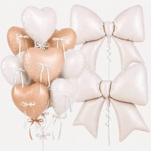 lot 20060 image: SNLN Cream Beige Heart Balloons, Large Foil Bow Balloons, 10Pcs 18 Inch Heart Shaped Foil Balloon with 38 inch Bow Balloon for Girls Women Birthday Valentines Baby Shower Wedding Bridal Party Decor