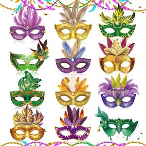 lot 20064 image: Woosytoo 12 PCS Mardi Gras Masks Paper Purple Green Yellow Masquerade Mask Vintage Feather Masks Parade Prom Party Favors for Men Women Kids New Orleans Mardi Gras Costume Venetian Photo Booth Props