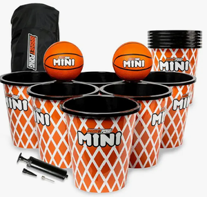 lot 1458 image: BasketPong Mini  Yard Pong and Basketball Game with 12 Buckets, 2 Balls, Carrying Bag