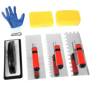 lot 1566 image: A 7 Pcs Square Notched Tile Trowel Set, with Rubber Grout Float,Grout Sponge and Work Gloves,Ideal for Masonry Tiling Tools and Flooring Installation