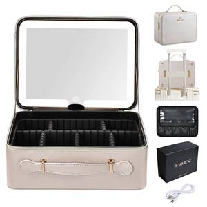lot 1613 image: Faquenc Leather Makeup Case with LED Lighted Mirror 11.4 Inch Travel Makeup Bag Adjustable Brightness in 3 Colors Cosmetic Organizer Artist Storage Bag with Dividers Brush Holder Bag Vanity Pale Gold