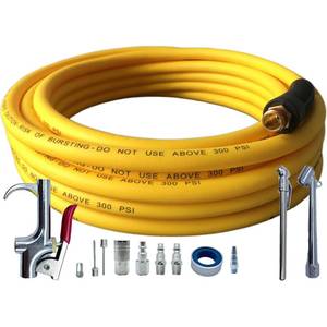lot 2302 image: Air Hose 14 in x 30 ft, Hybrid Air Compressor Hose Kit with 14 in NPT Male Threads, 13 Piece Air Tool & Air Compressor Accessories Kit, Bend Restrictors, 300 PSI (Yellow, 30FT-13 Pieces)
