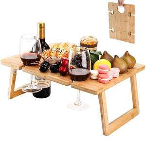 lot 2352 image: Peohud Portable Wine Picnic Table, Foldable Champagne Picnic Snack Table Tray, Wooden Outdoor Picnic Table with Glass Holder for Park, Beach, Camping, Bed, Wine Lover Gift