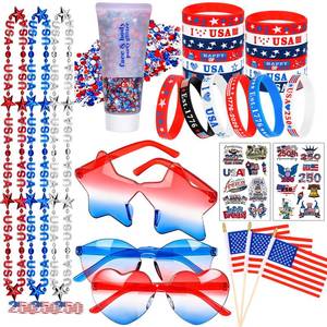 lot 2362 image: 38 Pcs 4th of July Party Favors Set , 4th of July Accessories for Women with Body Hair Glitter, Sunglasses, Necklaces, Silicone Bracelets, USA Flags & Temporary Tattoos 250th Anniversary Decoration