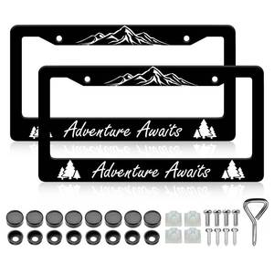 lot 2375 image: Adventure Awaits License Plate Frame - 2 PCS Mountain Tree Aluminum Metal License Plate Frames Holder, Rust-Proof Waterproof Car Decorative Tag Frames with Screws Fasteners Caps