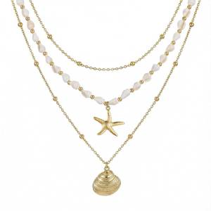 lot 8434 image: Sanyaa 14K Gold Layered Necklace with Shell & Pearl Charms