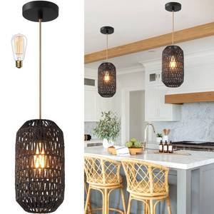 lot 9805 image: Ruzectt Pendant Light Fixtures Black Rattan Pendant Lights for Kitchen Island with 72in Adjustable Golden Cotton Cord, Farmhouse Wicker Basket Light Fixture for Living Room (Black-A)
