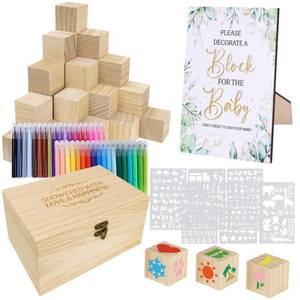 lot 9808 image: 96 Pcs Decorate A Block Baby Shower, Fun Baby Shower Games Sign Kit, Baby Shower Blocks to Decorate, Baby Blocks Wooden Box with 52 Wooden Blocks 36 Paint Markers 1 Game Sign 6 Stencil Templates