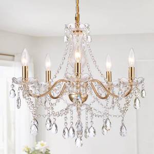 lot 9812 image: AMZASA Crystal Gold Chandelier, Glass Crystal Hanging Pendant Lighting, 5 Light French Country Gold Crystals Chandelier for Ceiling Medallions,Wedding,Dining,Kitchen, Foyer,Dia 20 Golden