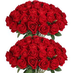 lot 9814 image: 50PCS Artificial Red Roses Bulk Realistic Silk Fake Flowers with Long Stems