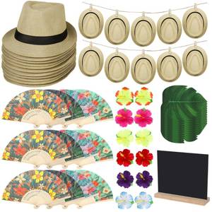 lot 9819 image: Aneco 6 Set 32 Pcs Cuban Theme Party Supplies Fun Tropical Havana Nights Decors with Folding Fans Straw Short Brim Sun Panama Hats Blackboard Stand Clips for Wedding Birthday Tropical Party Decor
