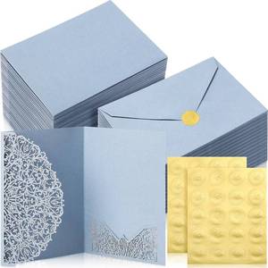 lot 9821 image: 100 Set 5 x 7 Laser Cut Wedding Invitations, Dusty Blue