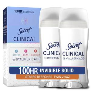 lot 10208 image: Secret Clinical Strength 100HR Sweat & Odor, Stress Response Invisible Solid Antiperspirant Deodorant for Women, 3X Stress Protection with Hyaluronic Acid, PH Balanced, 2.6 oz (Pack of 2)