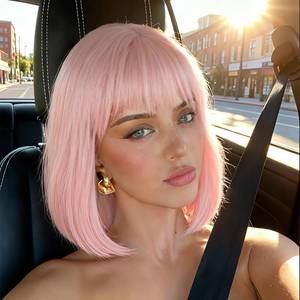 lot 10213 image: NOVFLKW Light Pink Wig with Bangs (Can Be Trimmed) Bob Wigs for Women