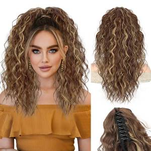 lot 10224 image: Stamped Glorious Ponytail Extension 18 Curly Wavy Pony Tail Claw Multi Layered Clip on Ponytail Extension Fluffy Natural Looking Synthetic Hair Piece for Women(Light Brown with Blonde)