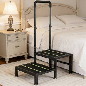 lot 19670 image: 2 Step Stool with Handle, Heavy Duty Step Stool for Elderly and Adults, Adjustable Handrail with Non-Slip Platform, Bedside Steps for High Beds, Kitchen and Bathroom