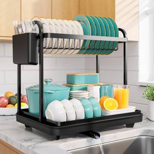 lot 19691 image: Sakugi 2-Tier Dish Drying Rack - Stainless Steel Dish Rack with Cutlery & Utensil Holders for Kitchen Counter, Sink Organization and Storage for Small Family, 15 W x 11.4 L x 15 H, Black