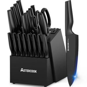 lot 19702 image: Knife Set, Astercook 21 Pieces Knife Sets for Kitchen with Block, Dishwasher Safe Kitchen Knife Set with Built-in Sharpener, German Stainless Steel Black Knife Block Set, Fathers Day Gift for Men