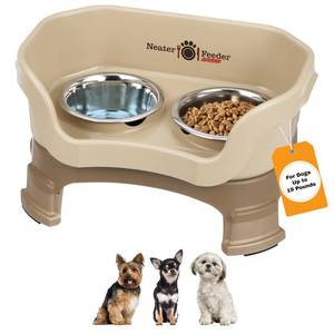 lot 19703 image: Neater Feeder Deluxe Mess-Proof Elevated Dog Bowls for Small Dogs (Up to 19 lbs), 2 Height Adjustable (6 & 7.5) No-Spill Raised Dog Bowl Stand, Stainless Steel Food Bowl Set, Made in USA, Cappuccino
