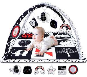 lot 19719 image: Poycuna Black and White Baby Gym Play Mat with 6 Toys Tummy Time Activity Mat for Babies 0-6 6-12 Months High Contrast Baby Gyms & Playmats Sensory Toys Newborn Brain Development Infant Play Mat