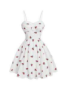 lot 20139 image: WDIRARA Womens Cheery Embroidered Ruched Bust A Line Cami Short Dress Pearl Button Ruffle Dresses White Small