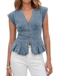 lot 20146 image: Tankaneo Womens Denim Vests Tops Summer Casual Y2k Fitted Pleated Jean Tops L