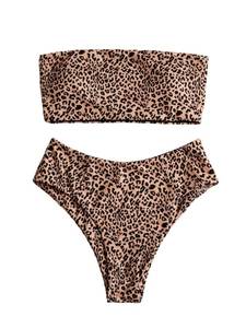 lot 20149 image: OYOANGLE Womens Leopard Bandeau Bikini Strapless Swimsuits Cheetah Print Bathing Suits Beachwear Brown Medium